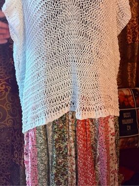 White Crochet Knit Top over Floral Tiered Skirt